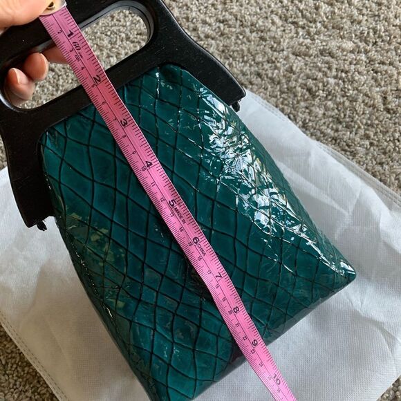 Handmade Genuine Patent Leather Check Print Wooden Frame Pouch/Crossbody - Picture 15 of 16